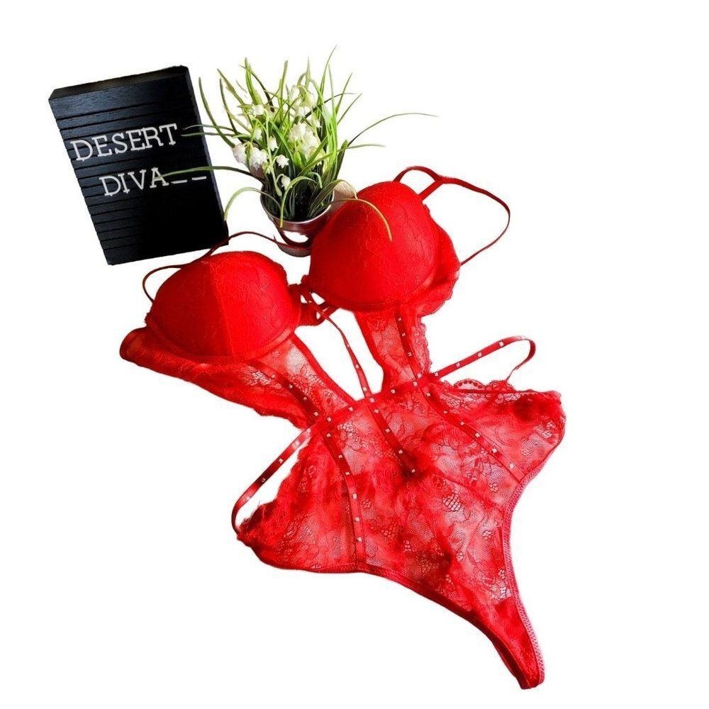 Body Rage Womens Lingerie Red L Padded Underwire Thong Sexy Studded